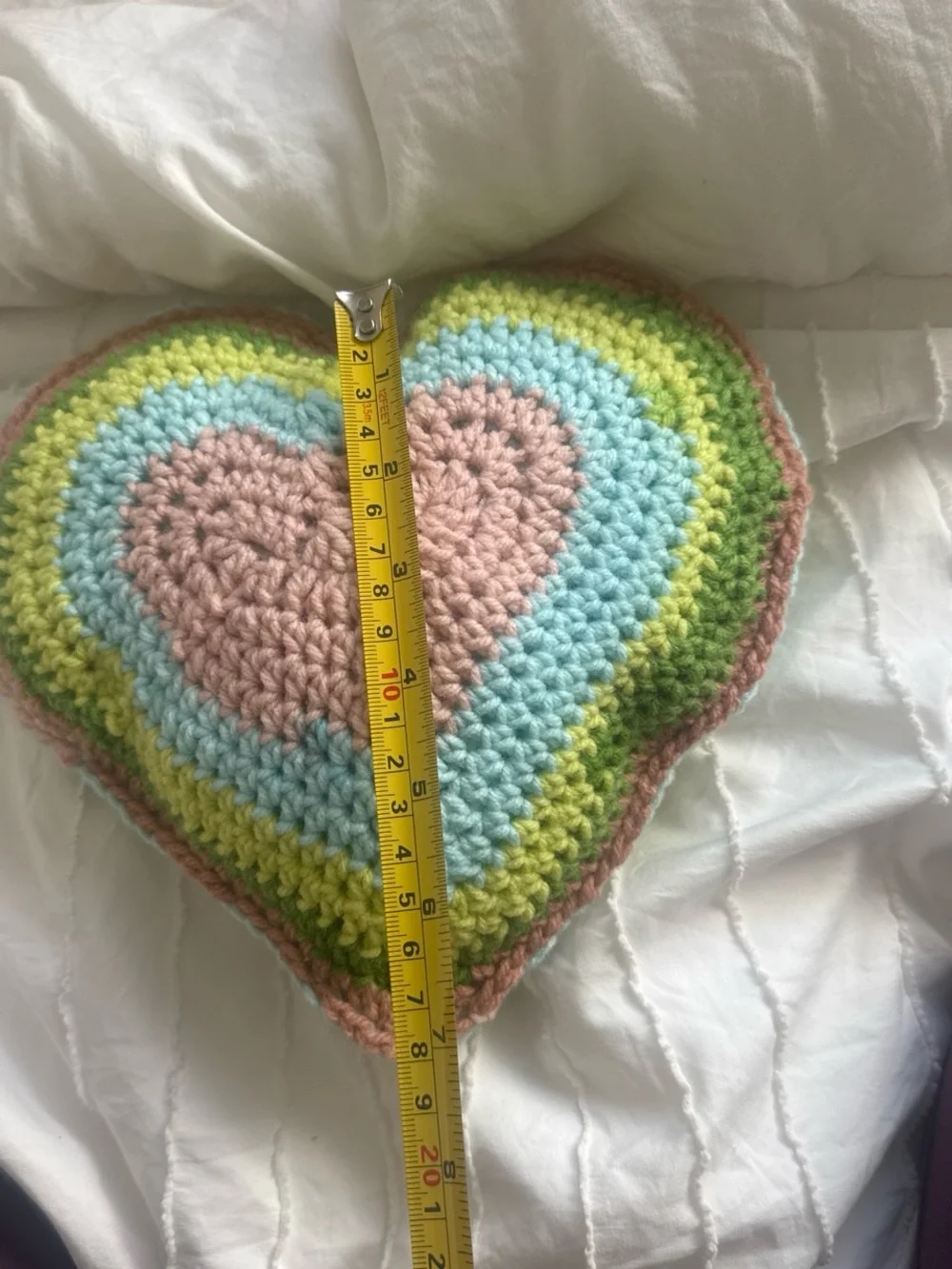 Handmade Crocheted Heart Pillow in Pink, Green & Blue